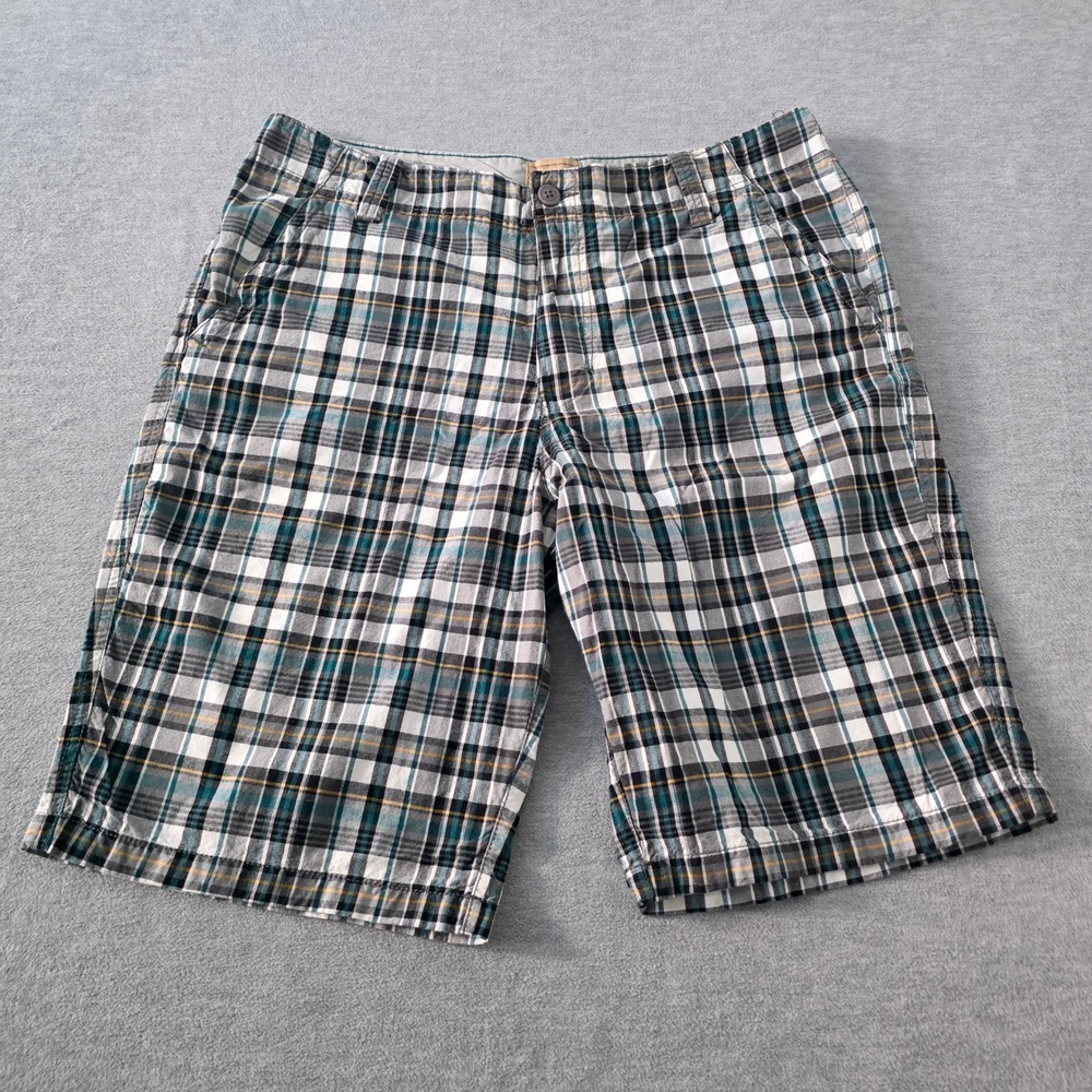 Roebuck & Co Mens Plaid Flat Front Shorts Teal White Black Size 38 Cotton Casual